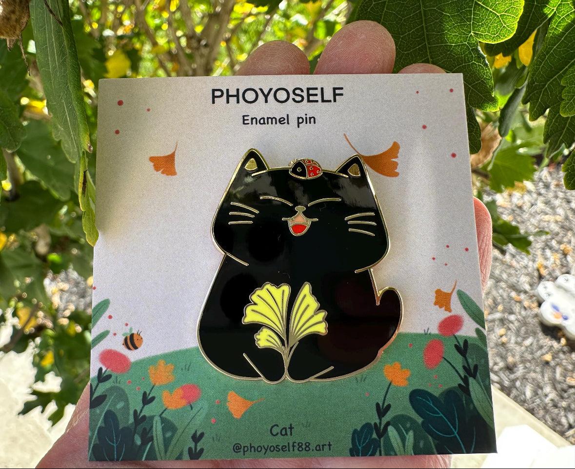 Black Cat And Gingko Leaf Hard Enamel Pin