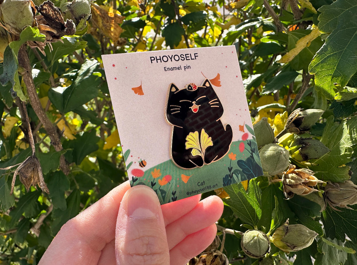 Black Cat And Gingko Leaf Hard Enamel Pin